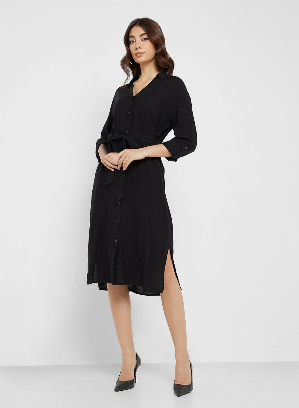 Black Collared Belted Midi Dress with Side Slits - Image 1
