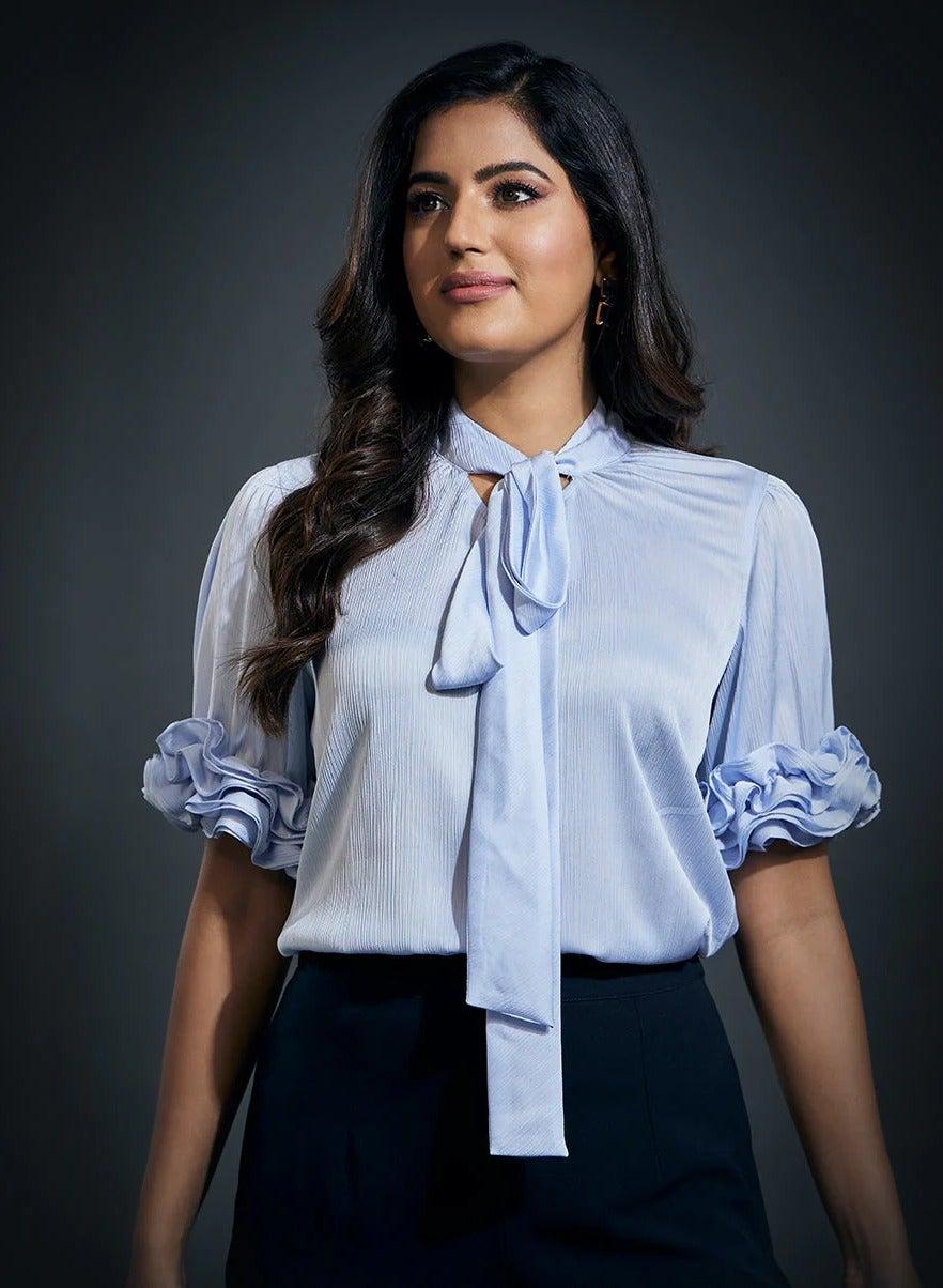 Blue Frilled Sleeve Satin Blouse Half Sleeve - Image 1