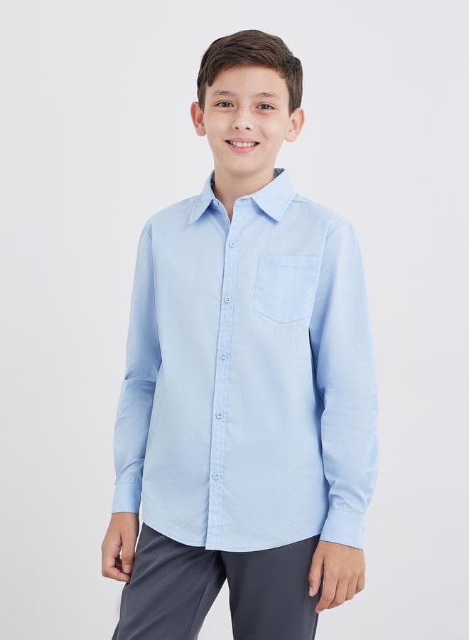 Boys Light Blue School Uniform Long Sleeve Shirt Pocket - Image 1
