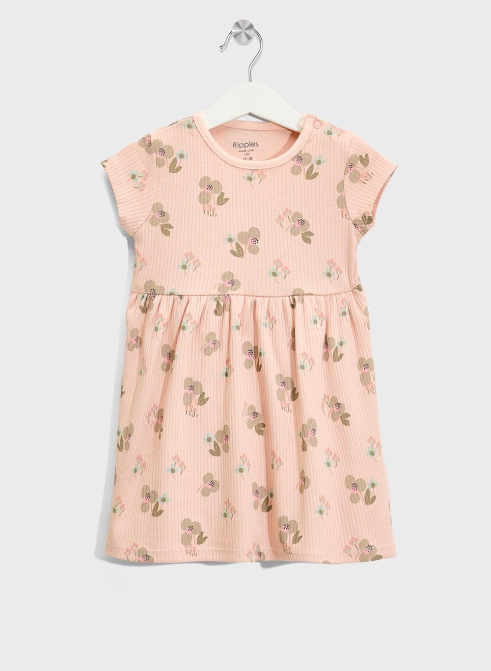 Girls Pink Floral Ribbed Dress with Gathered Waist - Image 1