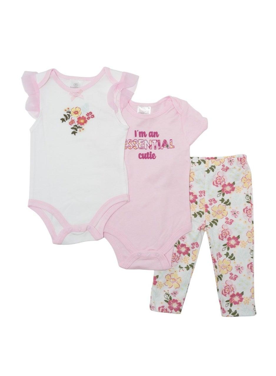 Bambimici Pink Flower Print 3-Piece Baby Pyjama Set - Image 1