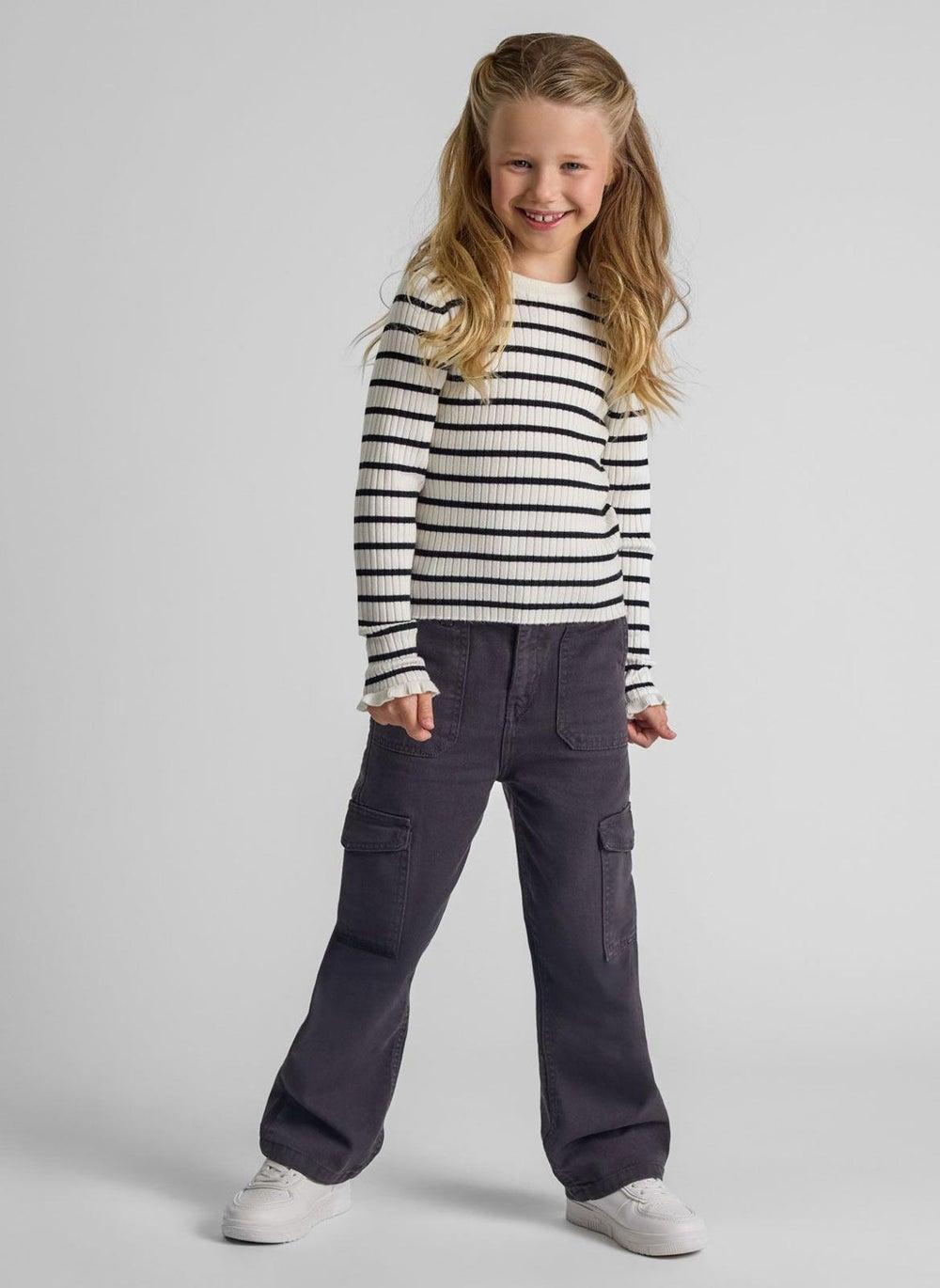 Girls Ribbed Cream Jumper with Frill Cuffs - Image 1