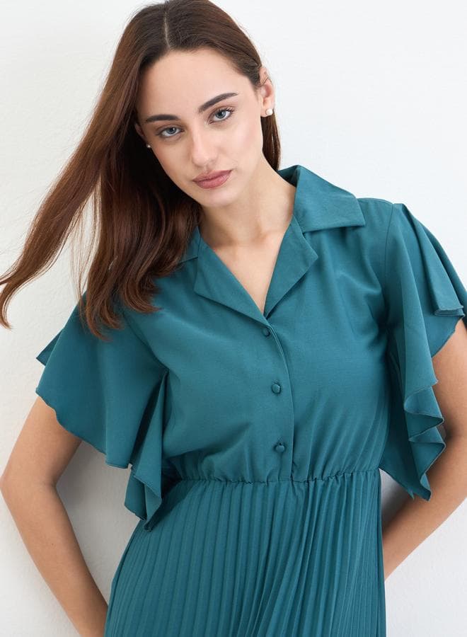 Styli Teal Pleated Maxi Dress with Frill Sleeves - Image 1