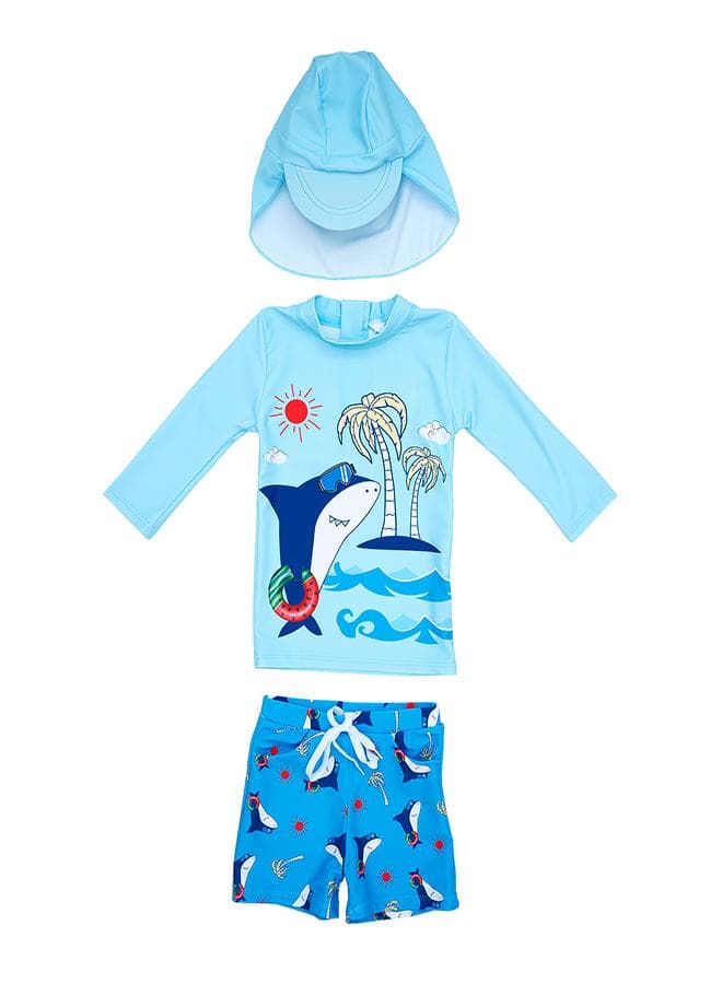 Beach Shark 3 Pc Boys Swimsuit Set Blue - Image 1