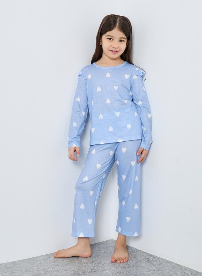 Styli Blue Heart Print Long Sleeve Pyjama Set - Image 1