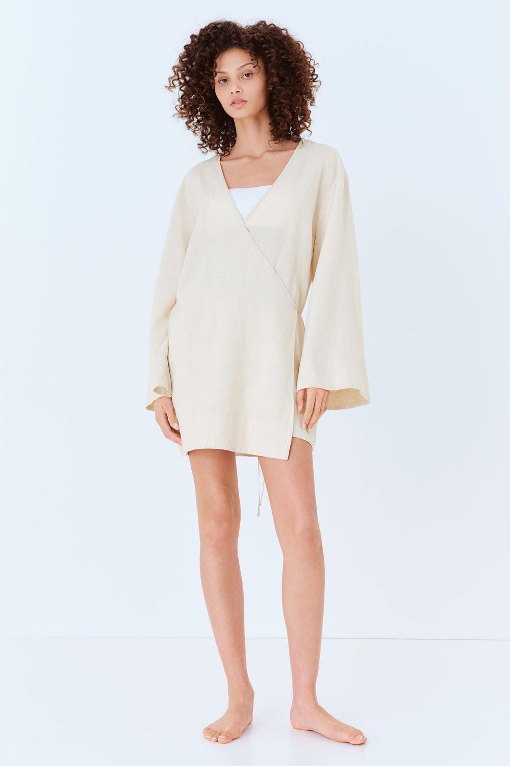 Linen-Blend Wrap Dressing Gown with Soft Drape - Image 1