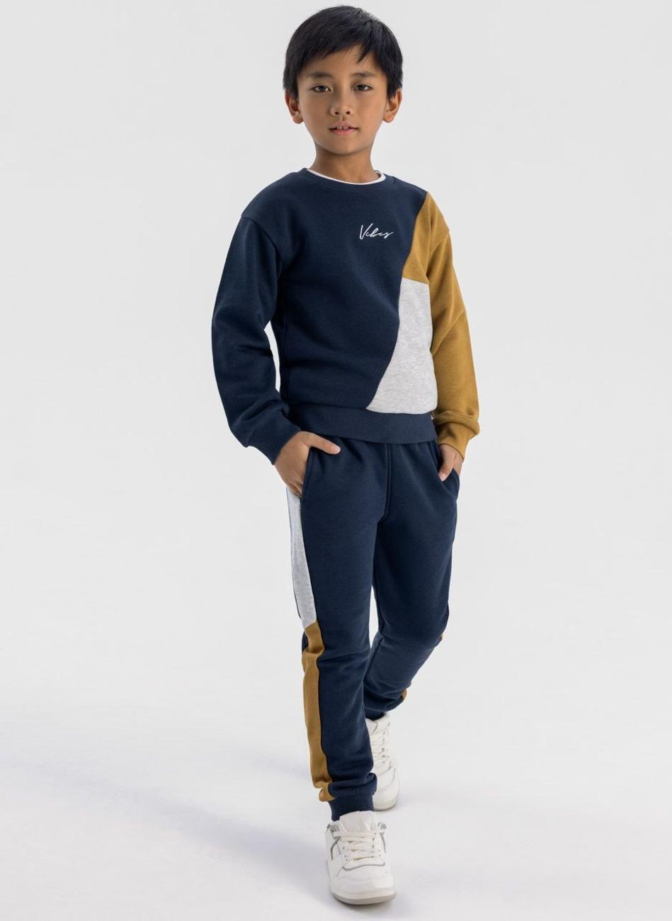 Boys Navy Panel Crew Neck Sweatshirt Jogger Set - Image 1