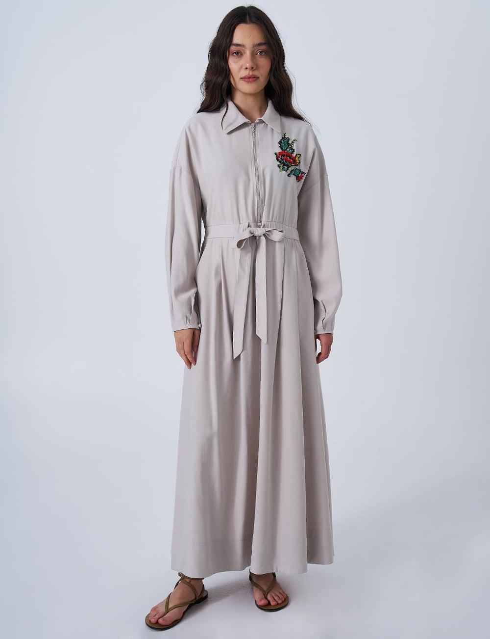 Stone Embroidered Rayon Dress with Belted Waist - Image 1
