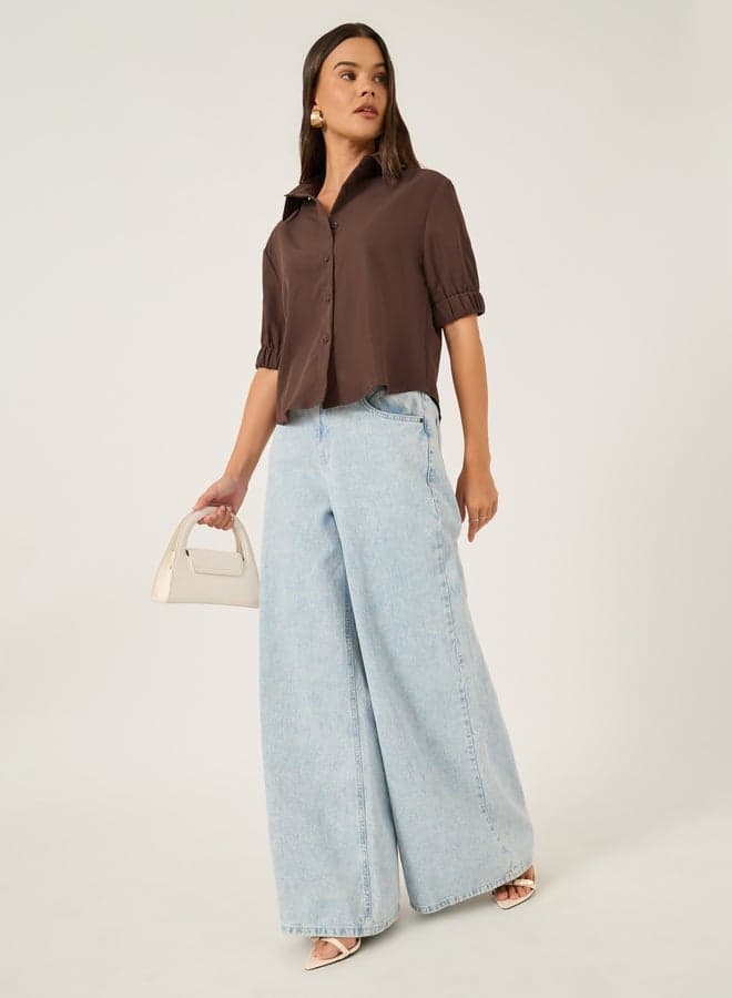 Boxy Puff Sleeve Spread Collar Shirt - Image 1