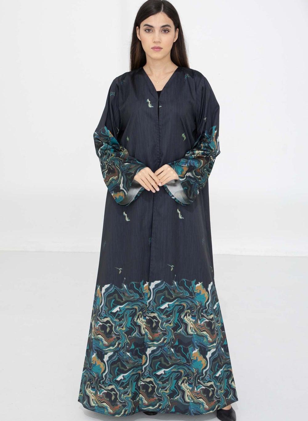 Printed Taffeta Open Abaya in Elegant Brown - Image 1