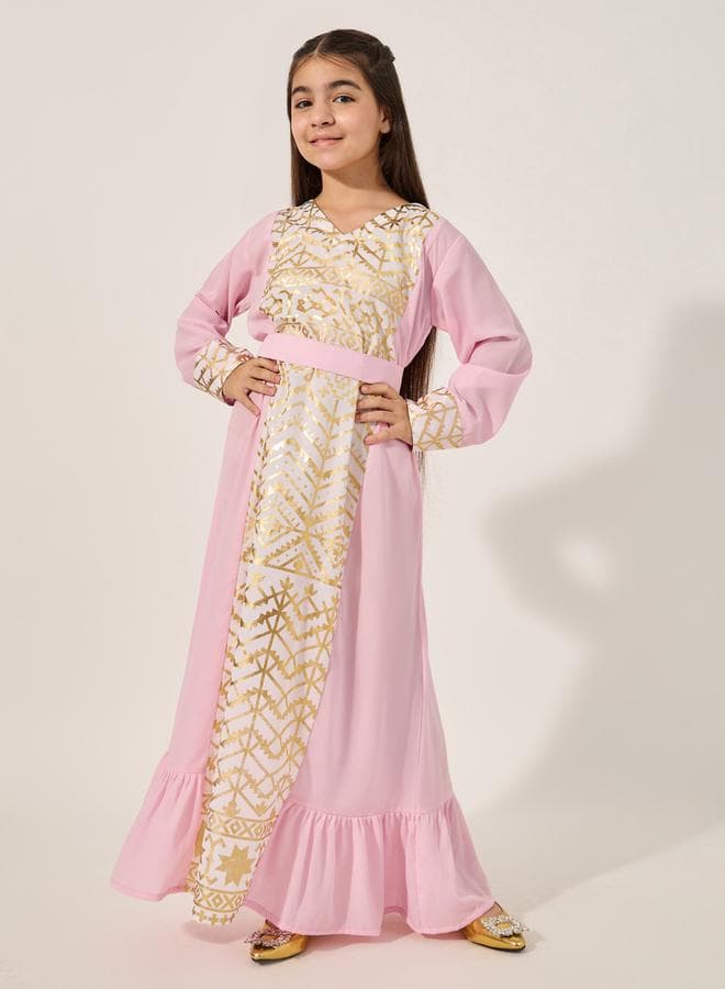 Styli Printed Panel Ruffled Hem Belted Maxi Dress - Image 1