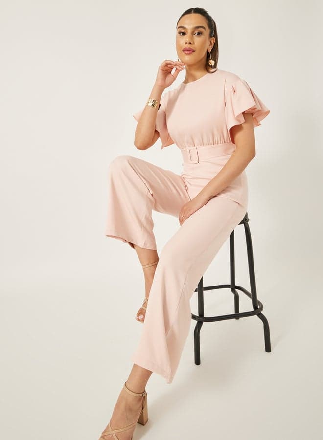 Flutter Sleeve Belted Round Neck Jumpsuit - Image 1