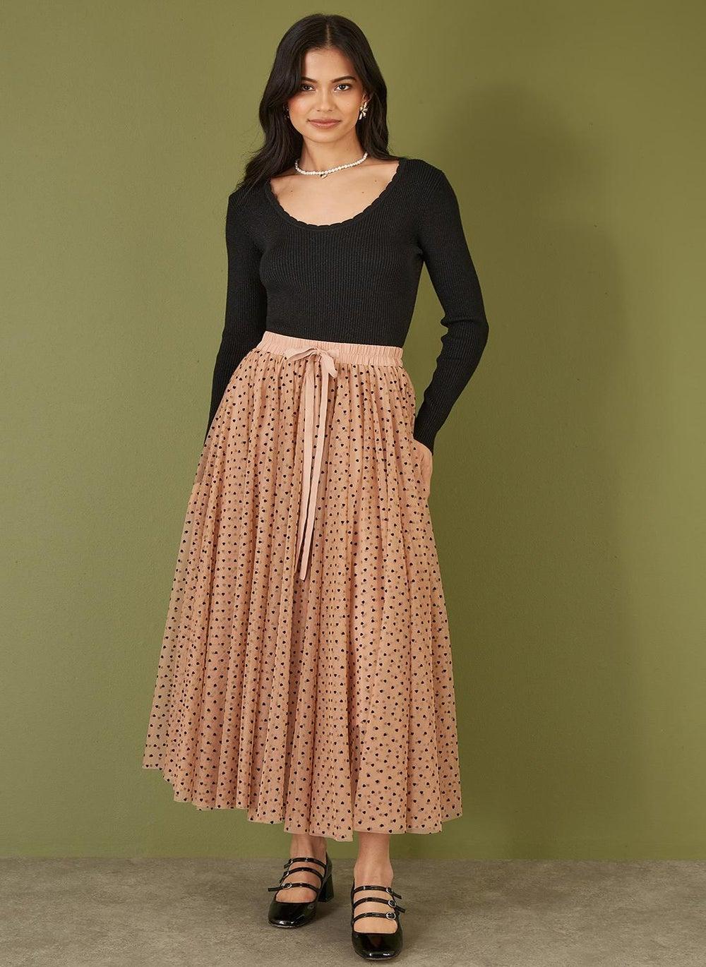 Heart Print Mesh Tulle Midi Skirt - Image 1
