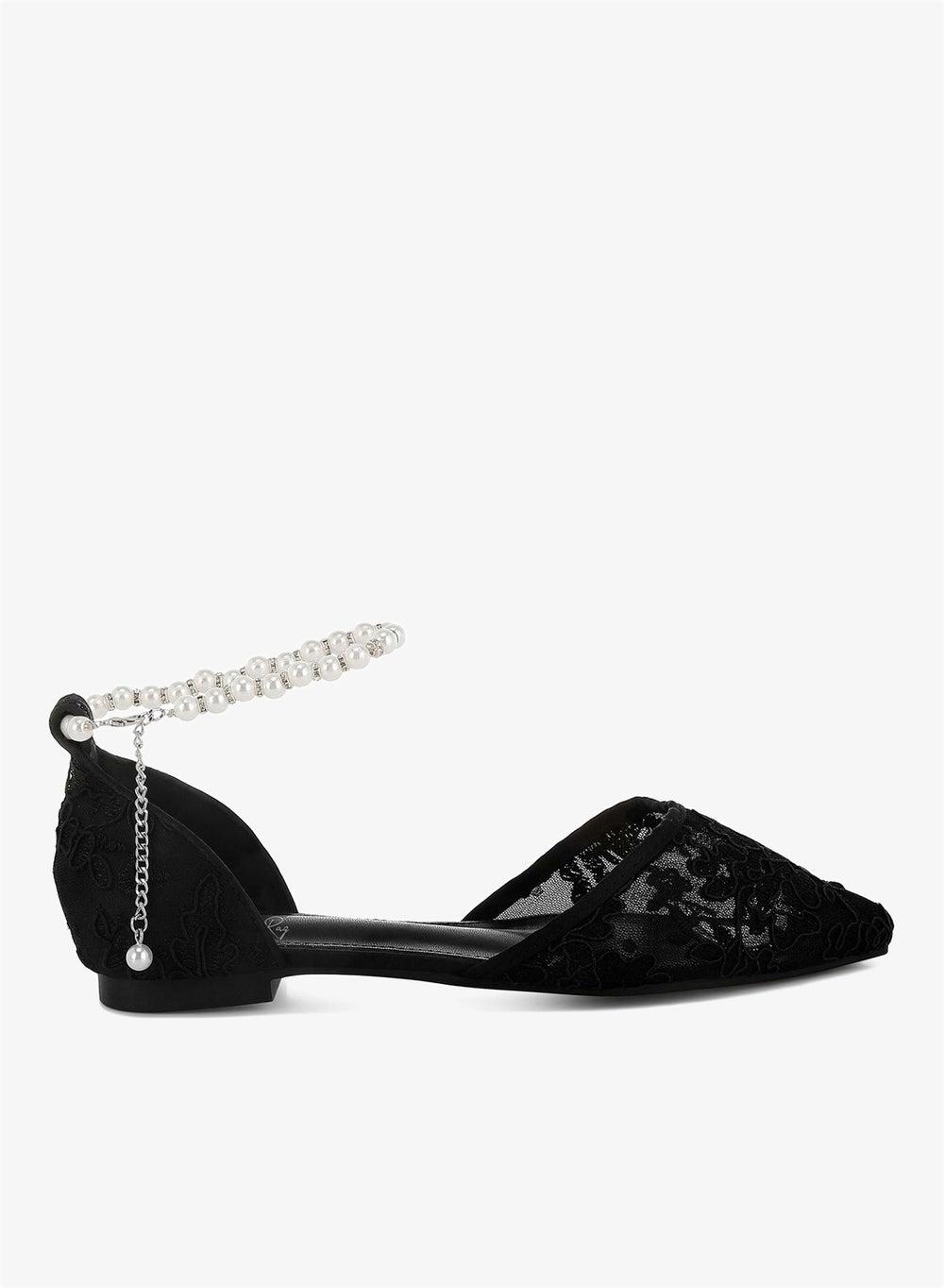 Black Pearl & Rhinestone Strap Flat Sandals - Image 1