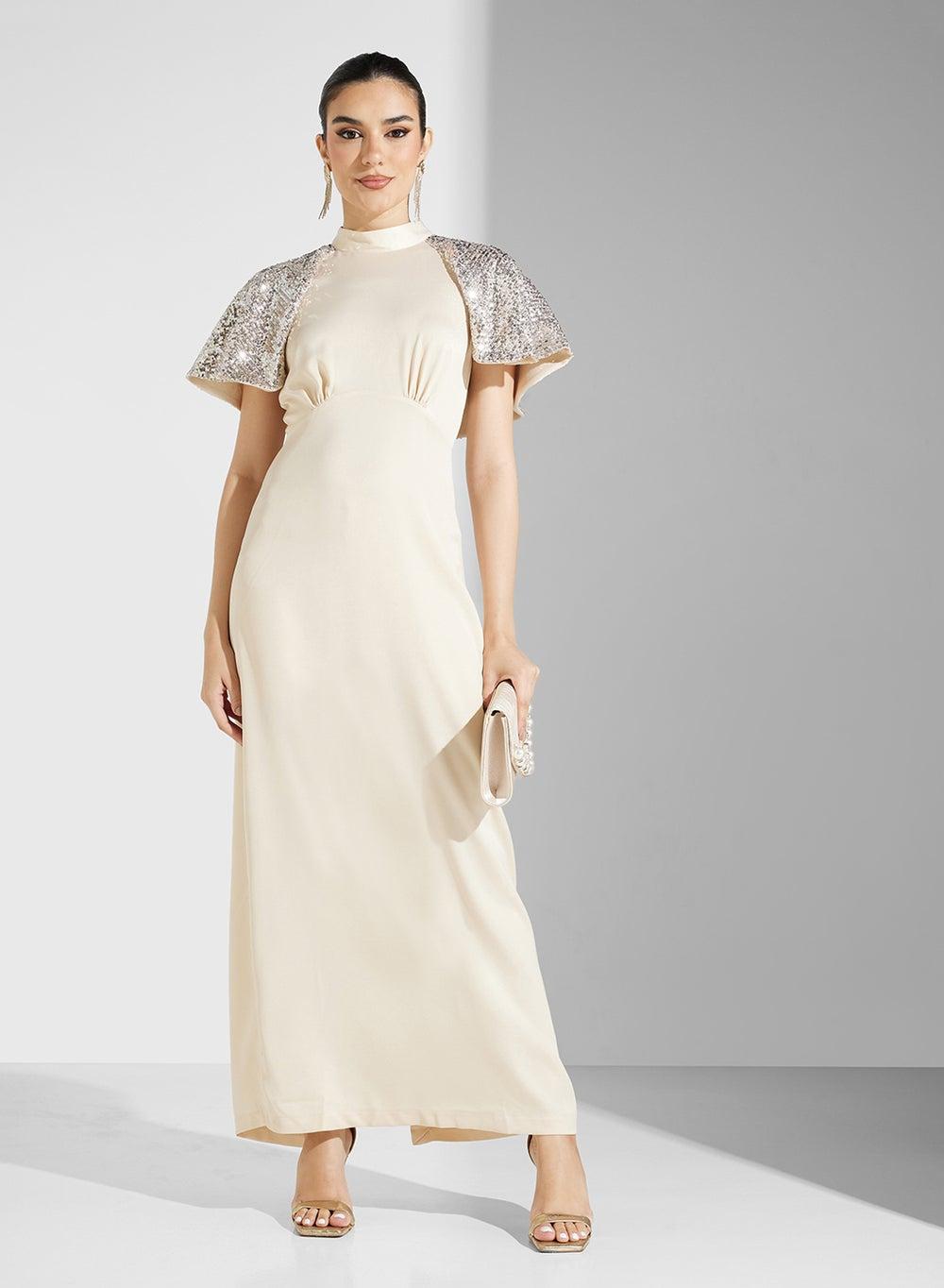 Sequin Cap Sleeve Maxi Dress with Mock Neck - Image 1