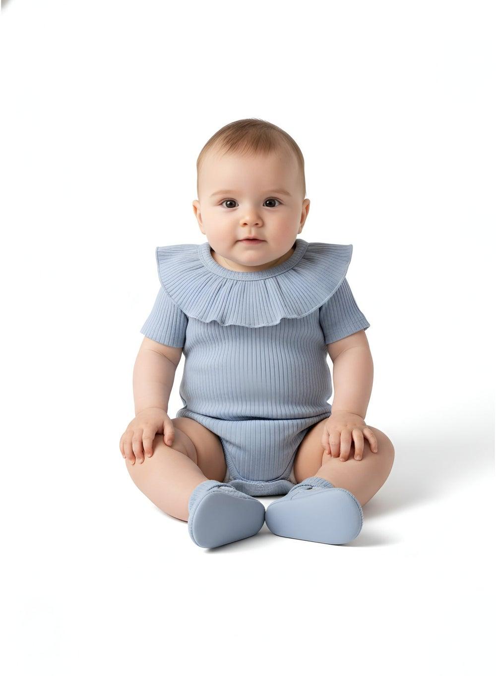 Bambimici Plain Blue Cotton Baby Bodysuit - Image 1