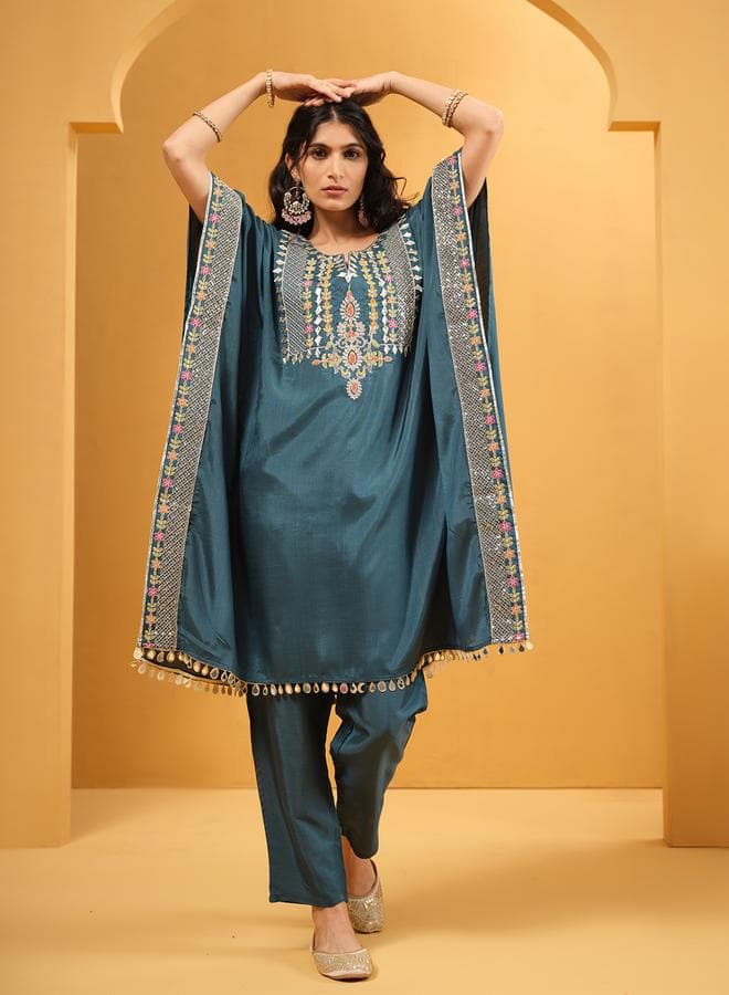 Teal Viscose Silk Embroidered Kaftan Kurta Palazzo Set - Image 1