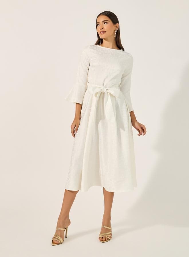 Cream Boat Neck A-Line Midi Dress with Waist Tie - Image 1
