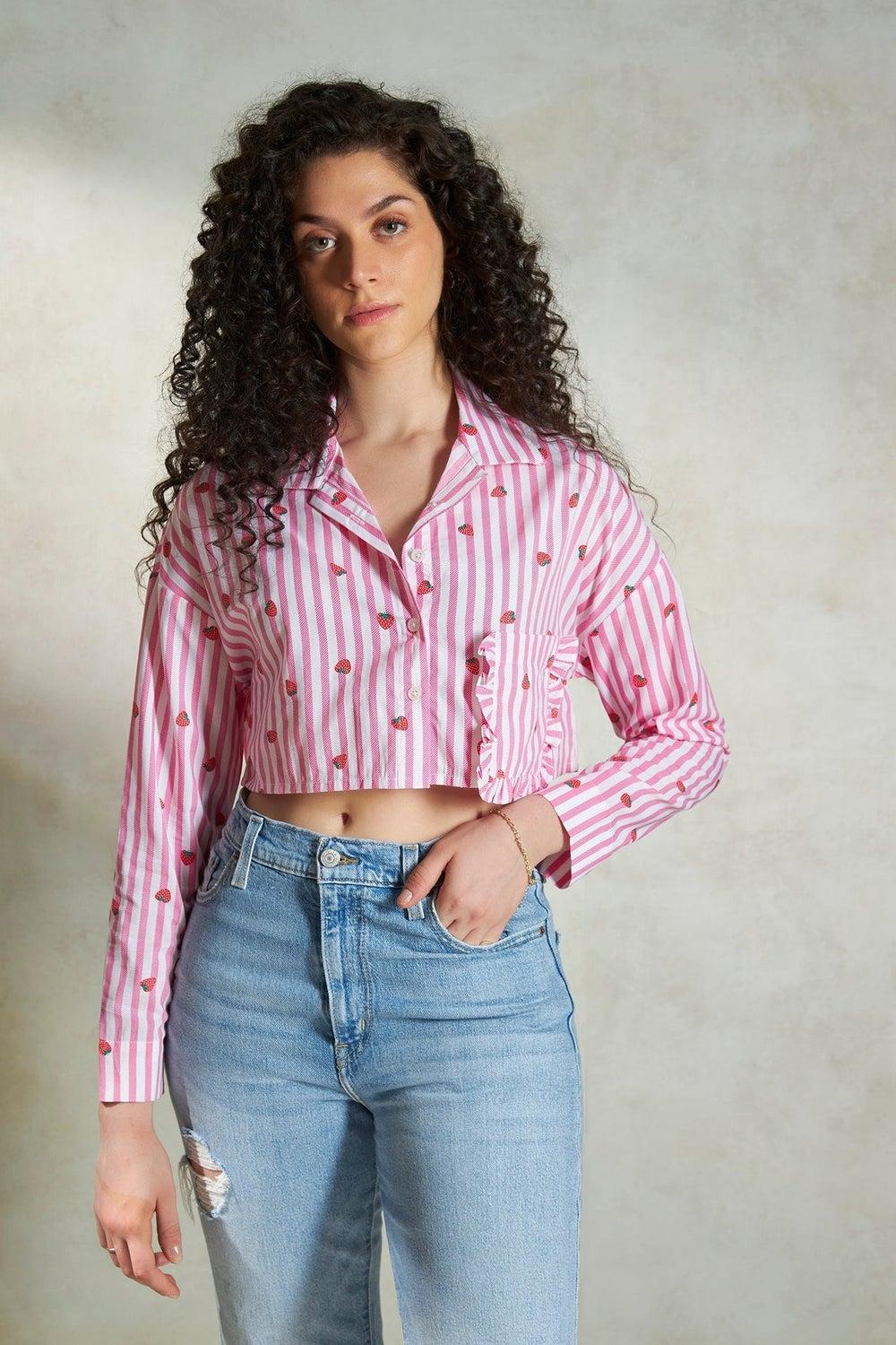 Pink Striped Cotton Cropped Workwear Shirt - Image 1