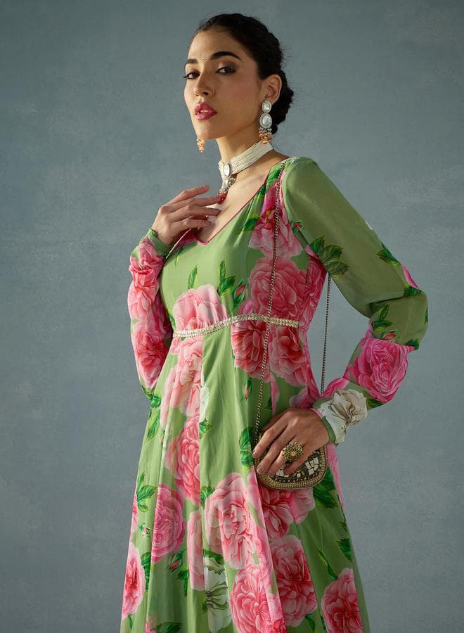 Green Floral Sweetheart Neck Anarkali Kurta - Image 1