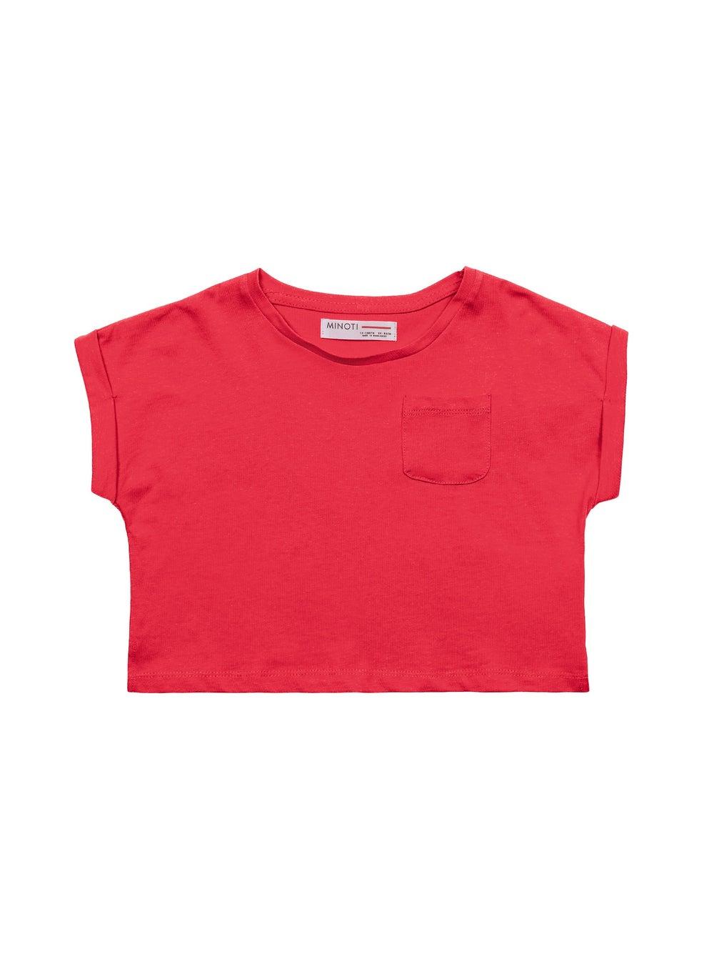 Girls Red Cotton T-Shirt with Roll-Up Sleeves Pocket - Image 1