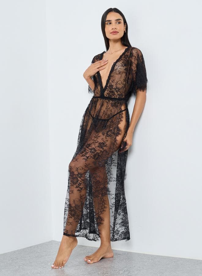 Styli Floral Lace Maxi Slip Dress with Thigh Slit - Image 1