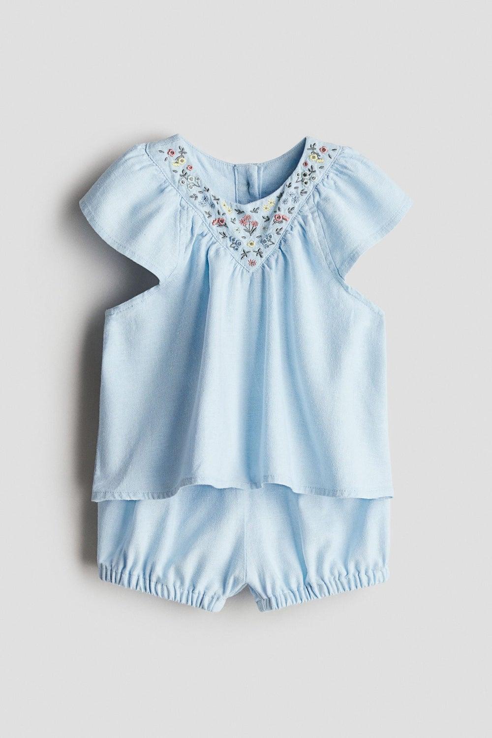Linen-Blend Floral Blouse & Bloomers Set - Image 1