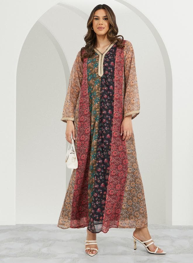 Color Block Jalabiya with Elegant Lace Trim - Image 1