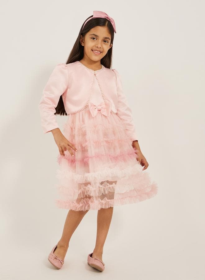 Pink Ruffled Tulle Layer Dress with Pearl Bolero - Image 1