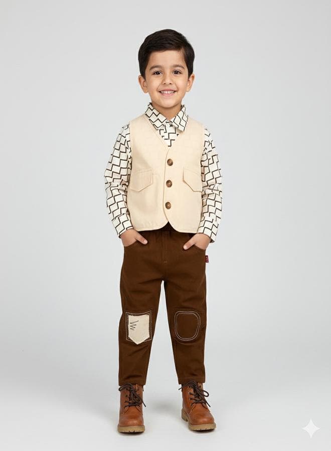 Brown Geometric Shirt Cream Waistcoat Kids Set - Image 1