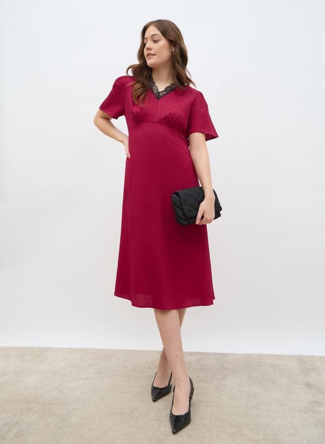 Red Lace Insert V-Neck A-Line Midi Dress - Image 1
