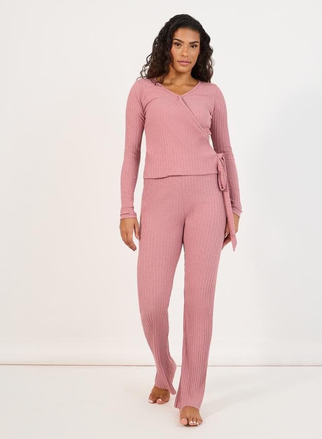 Styli Brushed Rib Wrap Top & Flared Lounge Set - Image 1