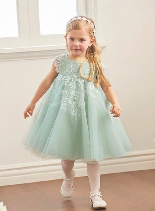 Girls Green Lace Embroidered Tulle Dress - Image 1