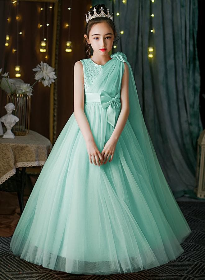 Turquoise Embellished Bow Detail Mesh Party Dress - Image 1