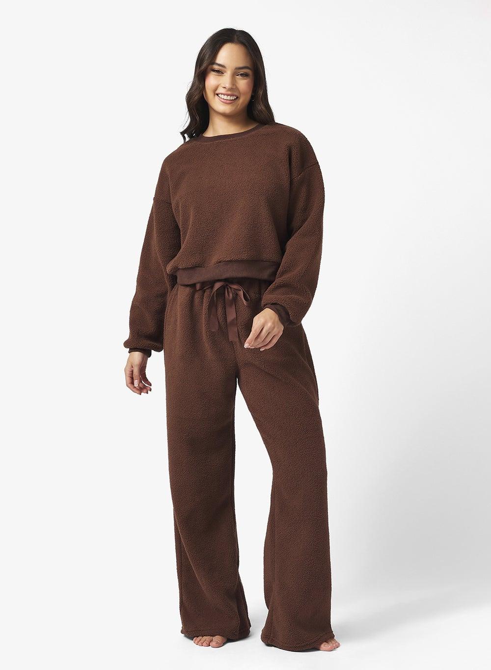 Cozy Lounge Borg Sweat Wide Leg Pant Set - Image 1