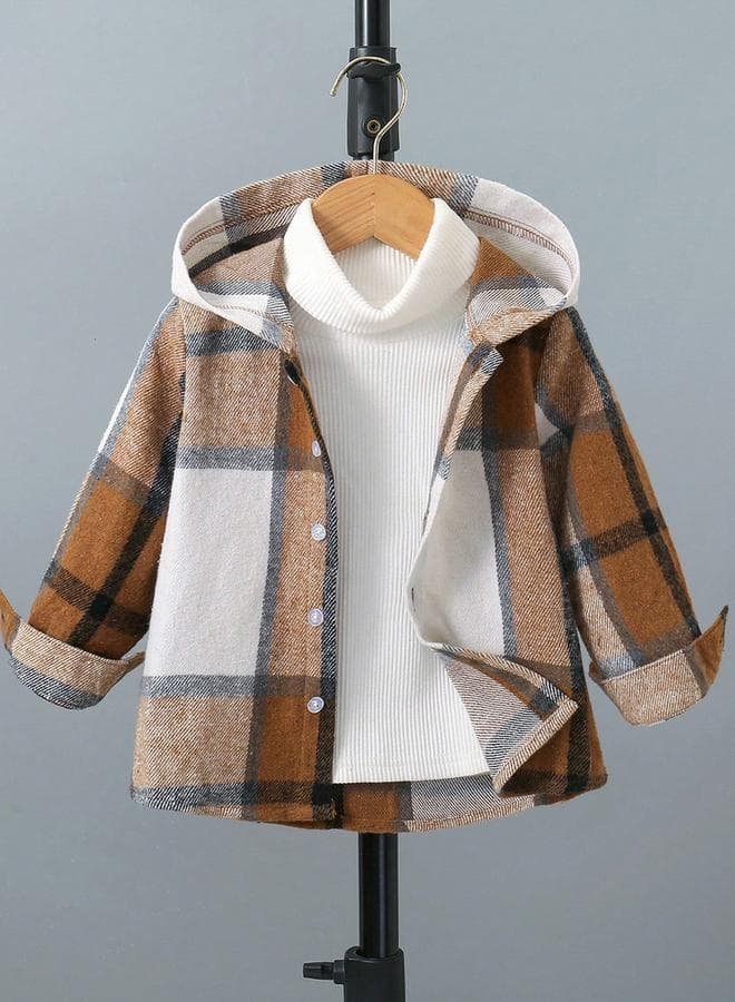 Boys Brown Checked Hoodie Button Front Jacket - Image 1