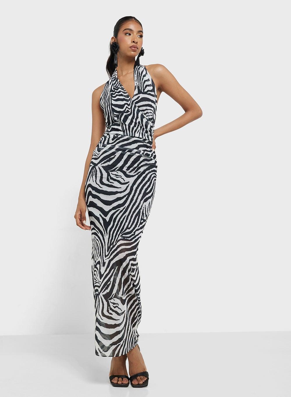 Zebra Print Halter Neck Maxi Dress - Image 1