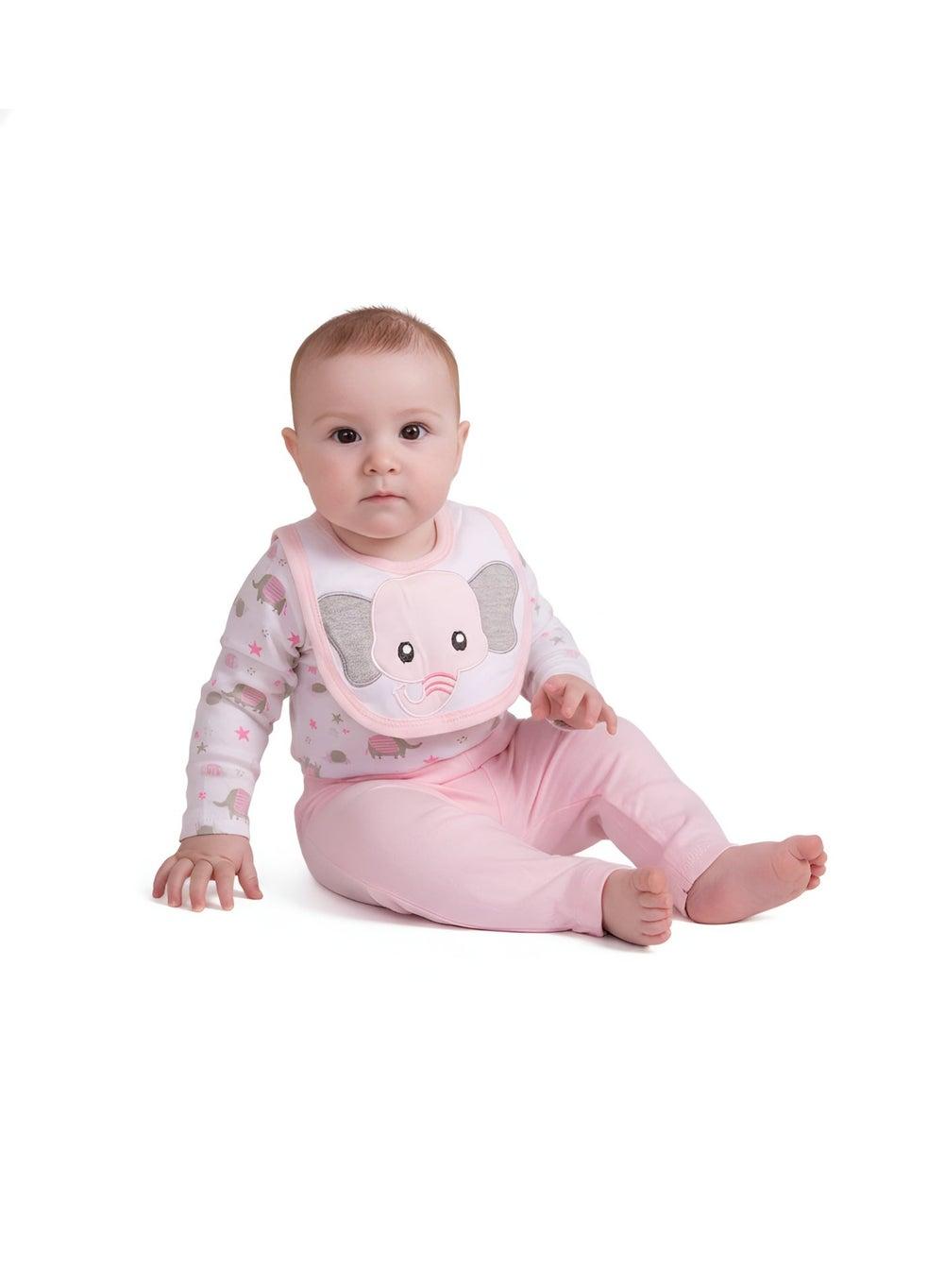 Bambimici Elephant Print Baby Bodysuit & Pyjama Set Pink - Image 1