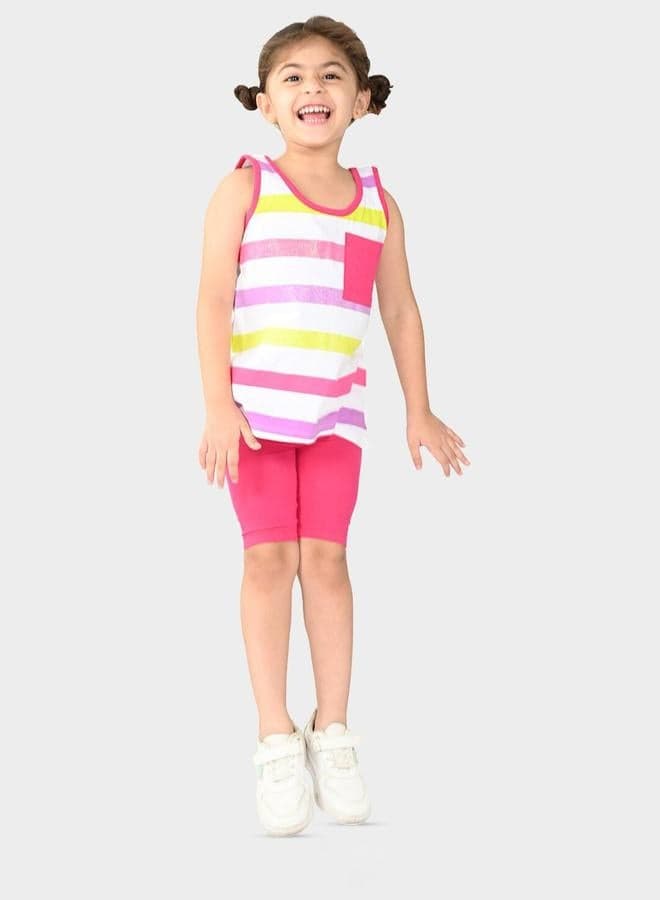 Girls Multicolour Dark Pink Cotton Printed Clothing Set - Image 1
