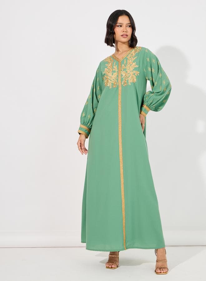 Styli Embroidered V-Neck Jalabiya with Balloon Sleeves - Image 1