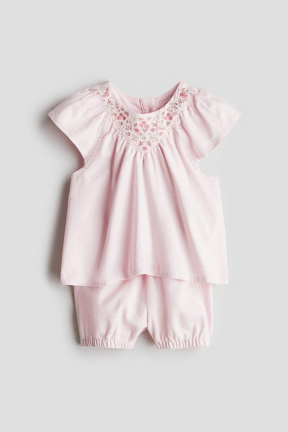 Linen-Blend Baby Blouse & Bloomers Set - Image 1