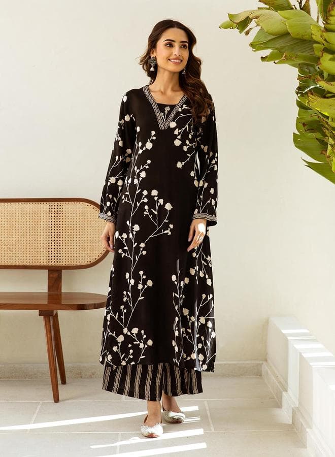Black Printed Rayon Kurta Set with Palazzo Pants - Image 1