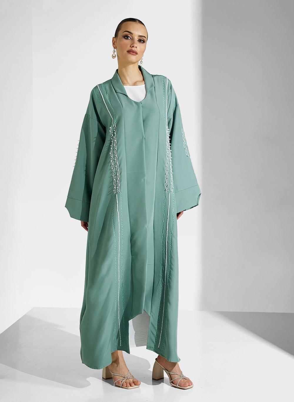 Embroidered Collared V-Neck Abaya Elegance - Image 1
