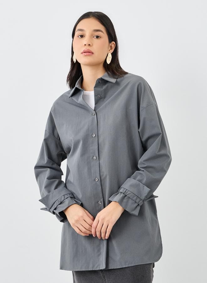 Grey Tie-Cuff Longline Shirt for Women - Image 1