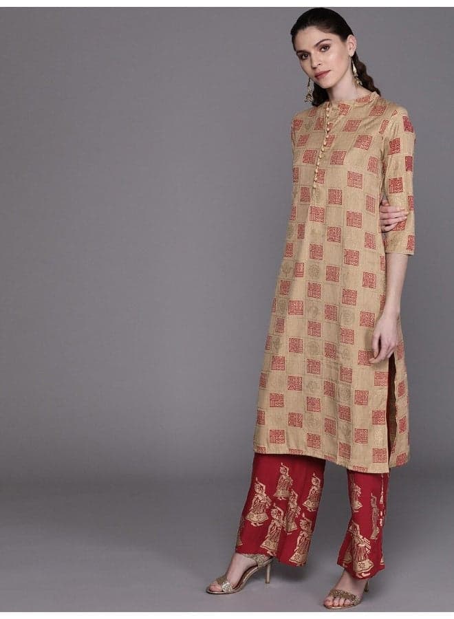 AKS Geometric Print Mandarin Collar Kurta Palazzo Set - Image 1