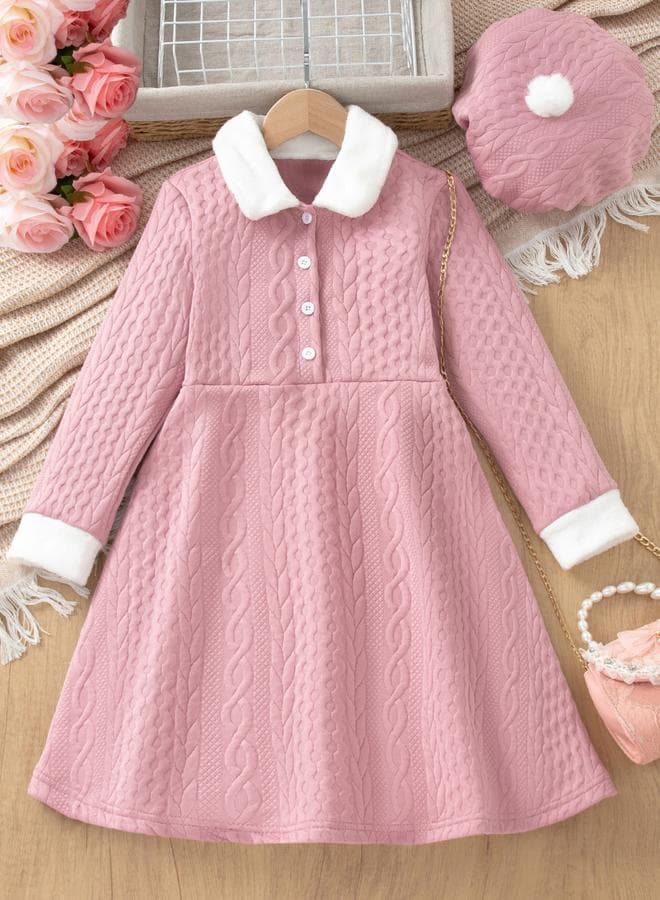 Girls Pink Cable Knit Long Sleeve A-Line Dress - Image 1
