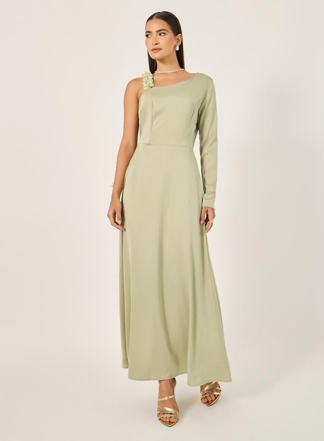 Sage One-Shoulder Maxi Dress with Floral Detail - Image 1
