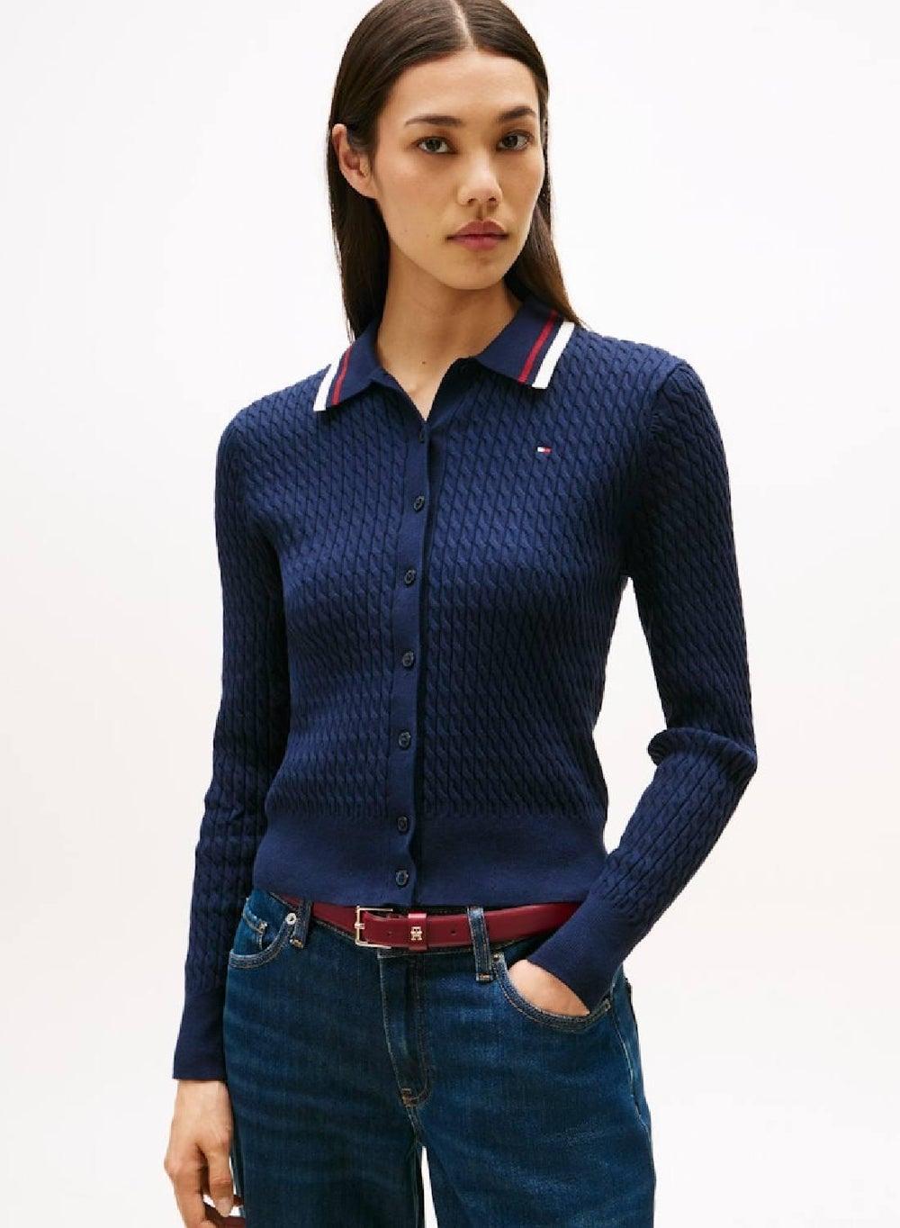 Fine Cable Knit Polo Collar Cotton Cardigan - Image 1