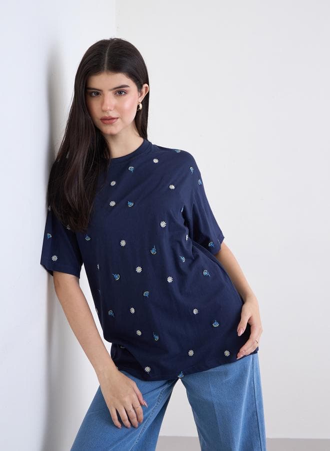 Styli Navy Blue Embbroidered Oversized T-Shirt - Image 1