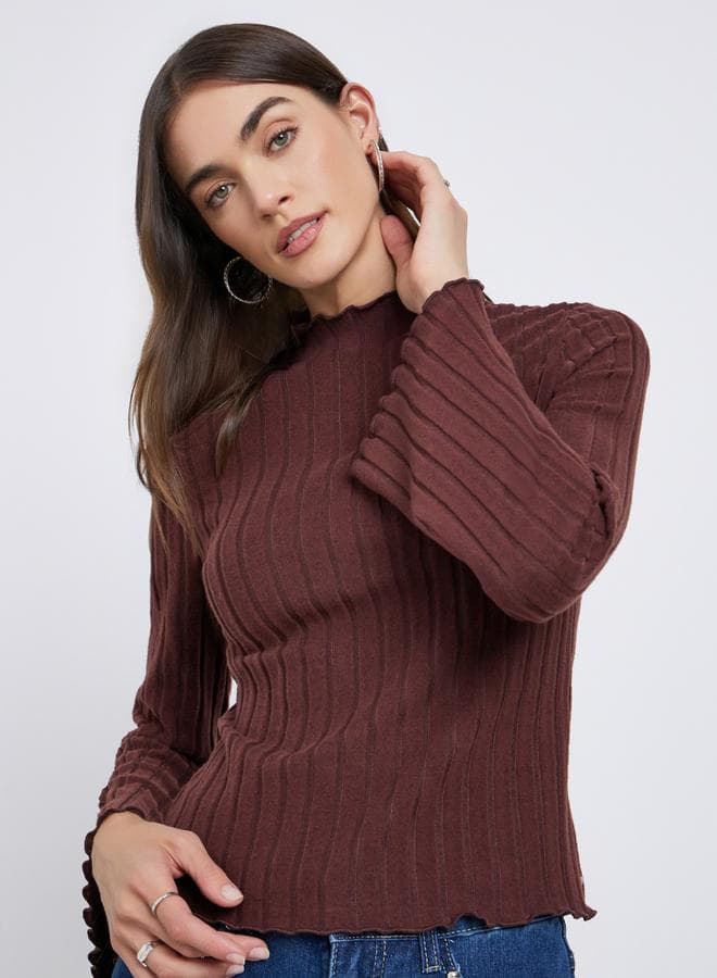 Styli Brown Ribbed Knit Long Sleeve Top - Image 1